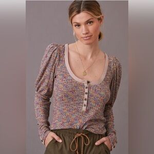By Anthropologie Women’s Puff Long Sleeve Knit 1/4 Button Down Henley Size Small